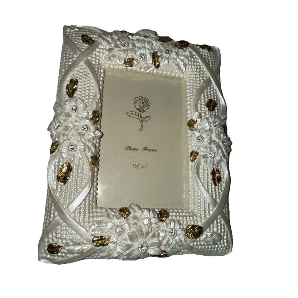 White Rhinestone Floral Frame Holds 3.5”X 5” Photo